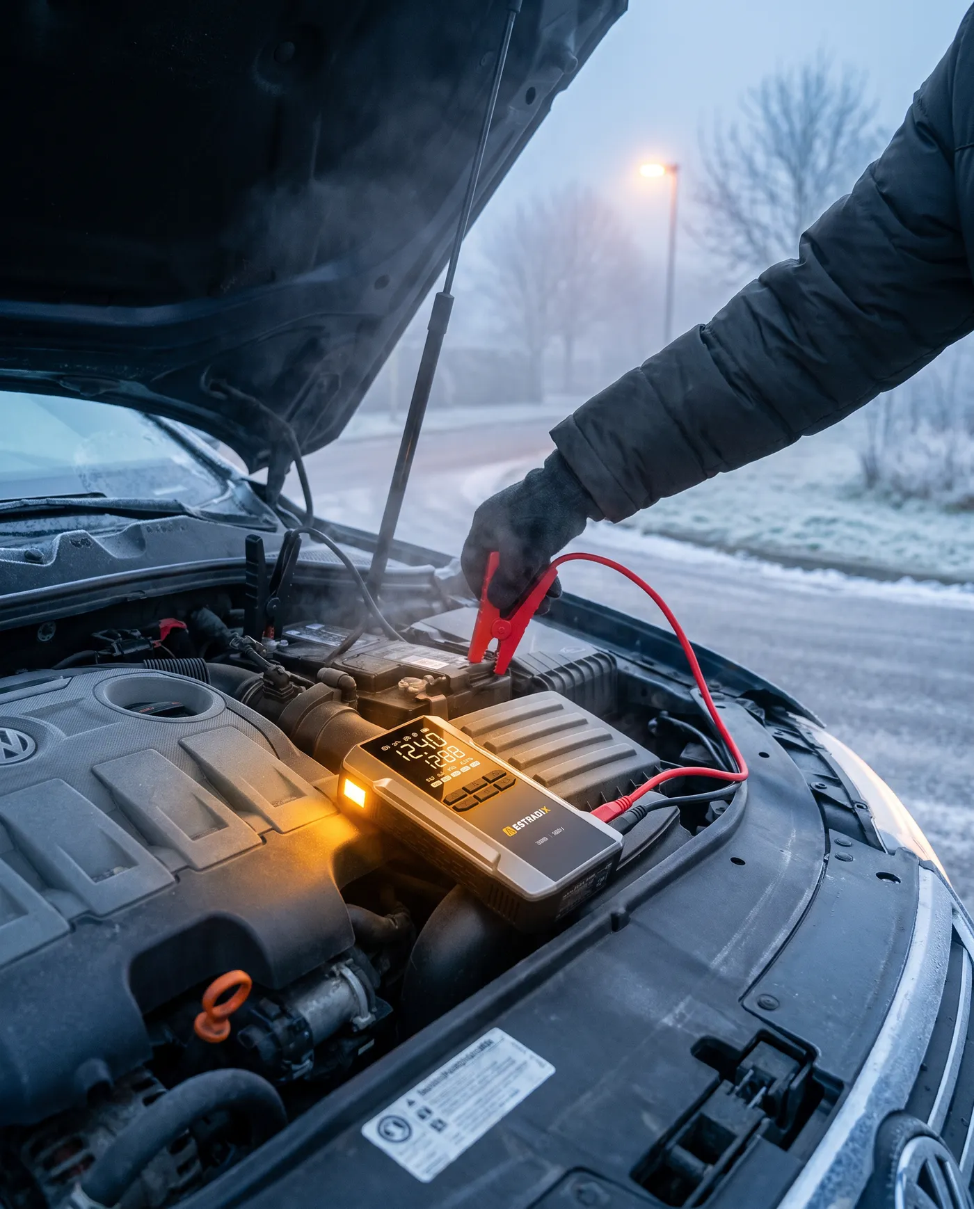 Pinças do arrancador Estradix ligadas à bateria de um carro