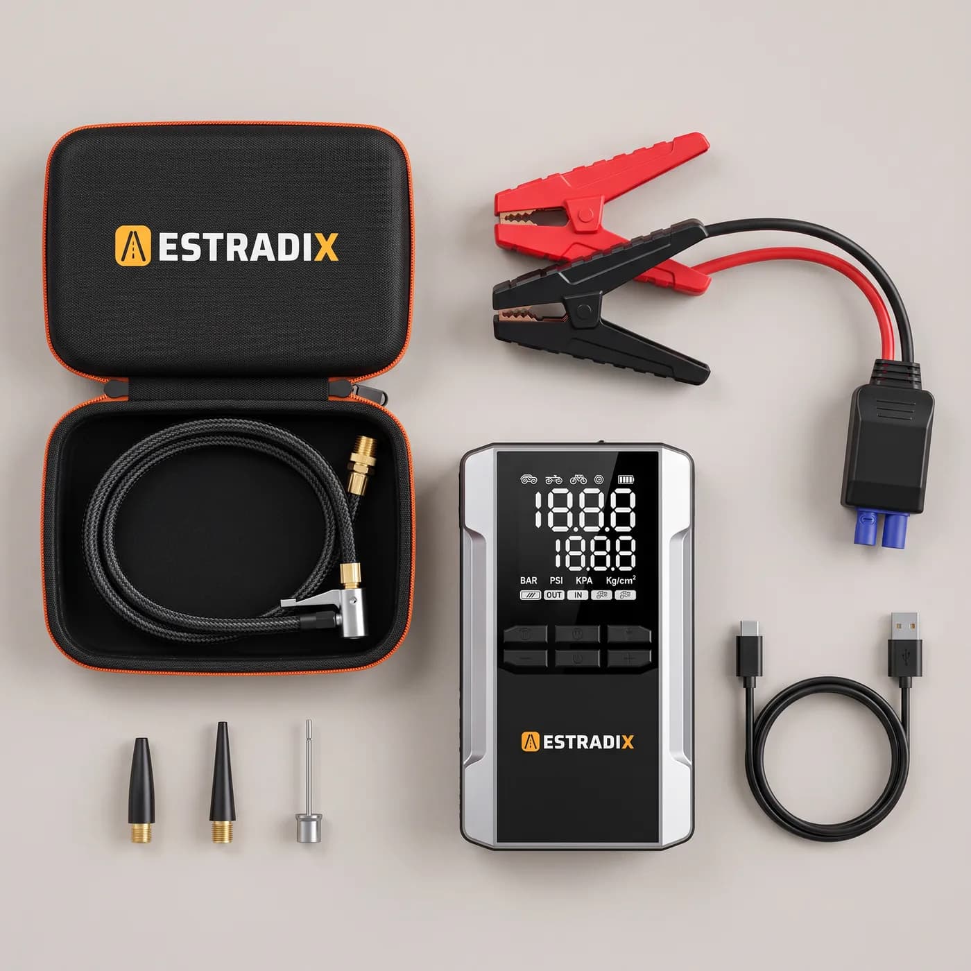 Conteúdo da caixa do Estradix: arrancador, pinças, mangueira, bicos, cabo USB-C e estojo